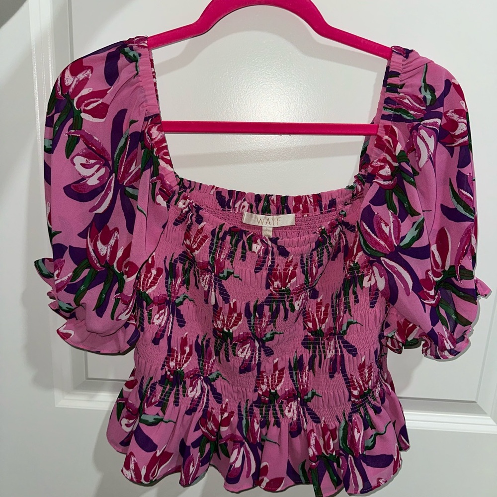 Wayf Pink Smocked Ruffled Blouse